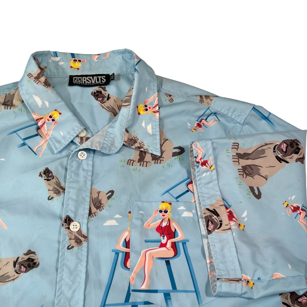 RSVLTS XL Blue Button Down Shirt Pugs Lifeguard Novelty Print Kitsch Vacation